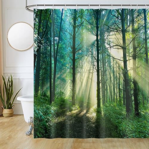 Duschvorhang Wald, Uiiooazy Duschvorhang Pflanzenmotiv Sonnenlicht Natur Landschaft Duschvorhänge Anti Schimmel Wasserdicht Polyester Stoff Waschbar Bad Vorhang mit 12 Haken für Badezimmer 240Bx180Hcm von Uiiooazy