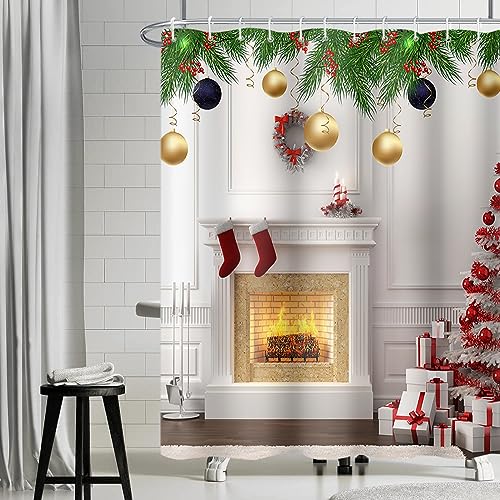 Duschvorhang Weihnachten, Uiiooazy Duschvorhang Kamin Rot Weihnachtssocke Weihnachtsbäume Duschvorhäng Anti Schimmel Wasserdicht Polyester Blickdicht Bad Vorhang mit 12 Haken für Badewanne 180Bx180Hcm von Uiiooazy