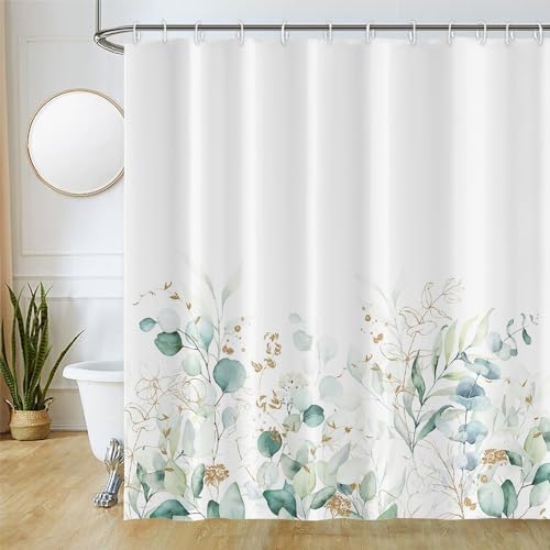 Duschvorhang Eukalyptus, Uiiooazy Duschvorhang Grün Gold Blätter Duschvorhänge Schmmel Resistant Wasserabweisend Polyester Stoff Waschbar Blickdicht Bad Vorhang mit 12 Haken für Badezimmer 180Bx180Hcm von Uiiooazy