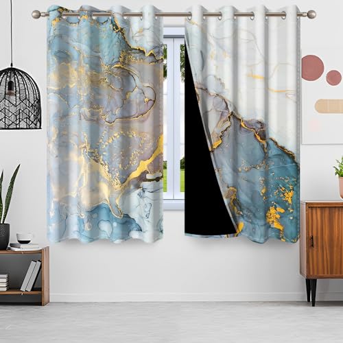 Gardinen Marmoroptik, Uiiooazy Vorhang Abstrakte Blau Gold Marmoriert Blickdicht Vorhänge Polyester Gardinen mit Ösen Verdunklungsvorhänge für Wohnzimmer Schlazimmer Fenster Balkon, 2er Set, 140x260cm von Uiiooazy