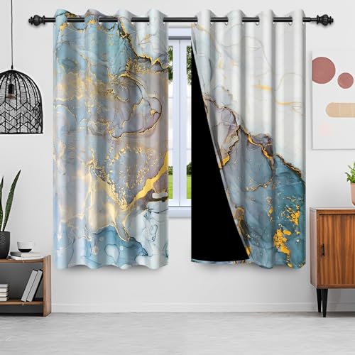 Gardinen Marmoroptik, Uiiooazy Vorhang Abstrakte Blau Gold Marmoriert Blickdicht Vorhänge Polyester Gardinen mit Ösen Verdunklungsvorhänge für Wohnzimmer Schlazimmer Fenster Balkon, 2er Set, 140x145cm von Uiiooazy