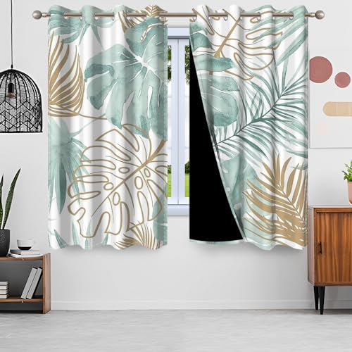 Gardinen Palmenblätter, Uiiooazy Vorhang Tropische Pflanzen Grün Gold Monstera Blatt Blickdicht Vorhänge Polyester Gardinen mit Ösen Verdunklungsvorhänge für Wohnzimmer Schlazimmer, 2 Stück, 140x175cm von Uiiooazy