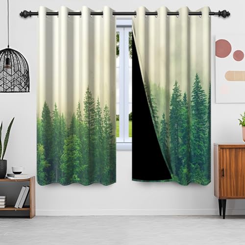 Gardinen Waldmotiv, Uiioooazy Vorhänge Blickdicht Grün Blätter Pflanzen Baum Motiv Thermovorhang Polyester Schattierungsvorhänge Verdunkelungsvorhänge mit Ösen für Schlafzimmer Wohnzimmer, 140x175cm von Uiiooazy