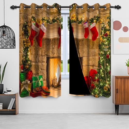 Gardinen Weihnachten, Uiiooazy Vorhänge Grün Blätter Weihnachtsbaum Rot Weihnachtssocken Motiv Thermogardinen Blickdicht mit Ösen Verdunklungsvorhänge für Wohnzimmer Schlafzimmer, 2er Set, 140Bx225Hcm von Uiiooazy