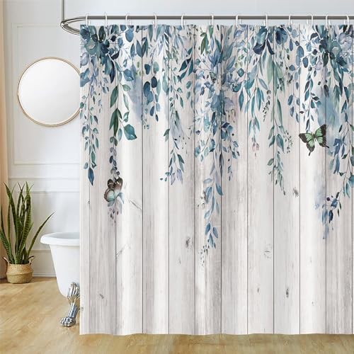 Uiiooazy Duschvorhang 220x180cm, Duschvorhang Anti Schimmel Eukalyptus Blau Blätter Holzbrett Blumen Vintage Duschvorhänge Wasserdicht Polyester Stoff Waschbar Bad Vorhang mit 12 Haken für Badezimmer von Uiiooazy