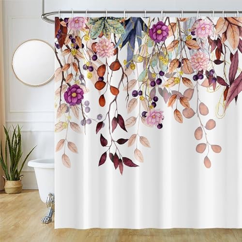 Uiiooazy Duschvorhang 180x180cm, Duschvorhang Anti Schimmel Gelb Blätter Rosa Violett Blumen Vintage Motiv Duschvorhänge Stoff Waschbar Wasserdicht Polyester Bad Vorhang mit 12 Haken für Badezimmer von Uiiooazy