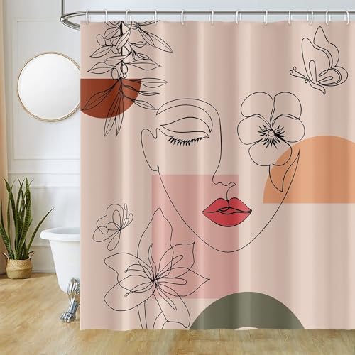 Uiiooazy Duschvorhang 180x200cm, Duschvorhang Anti Schimmel Boho Style Abstrakt Frau Gesichter Blumen Duschvorhänge Stoff Waschbar Wasserdicht Polyester Bad Vorhang mit 12 Haken für Badezimmer von Uiiooazy