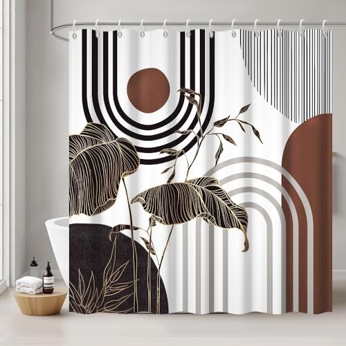 Uiiooazy Duschvorhang 180x200cm, Duschvorhang Anti Schimmel Boho Style Burgunder Tropisch Schwarz Palmenblätter Jungle Duschvorhänge Stoff Waschbar Wasserdicht Bad Vorhang mit 12 Haken für Badezimmer von Uiiooazy