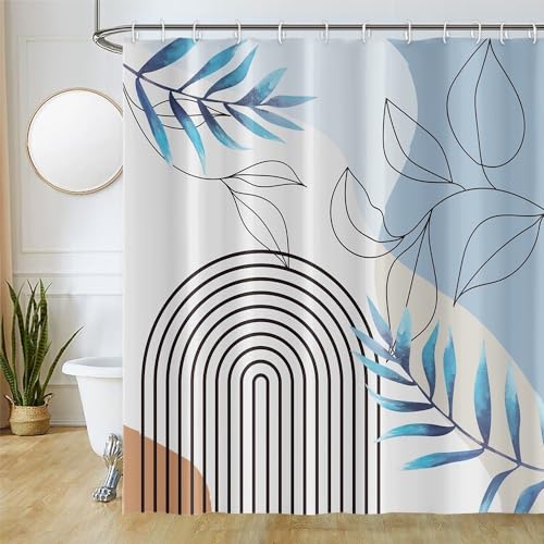 Uiiooazy Duschvorhang 180x180cm, Duschvorhang Anti Schimmel Boho Style Blau Blätter Schwarz Linien Gemustert Duschvorhänge Stoff Waschbar Wasserdicht Polyester Bad Vorhang mit 12 Haken für Badezimmer von Uiiooazy