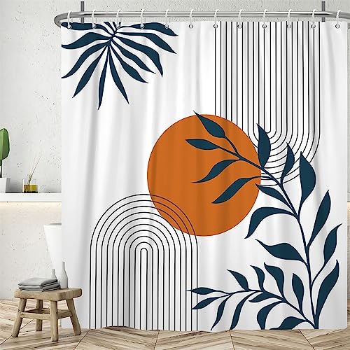 Uiiooazy Duschvorhang Abstrakt Boho, Duschvorhang Blau Blätter Terracotta Sonne Minimalistische Duschvorhänge Anti Schimmel Wasserdicht Polyester Stoff Waschbar Bad Vorhang mit 12 Haken 180Bx200Hcm von Uiiooazy