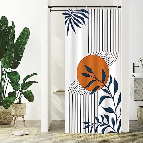 Uiiooazy Duschvorhang Abstrakt Boho, Duschvorhang Blau Blätter Terracotta Sonne Minimalistische Schmal Duschvorhäng Anti Schimmel Wasserdicht Polyester Stoff Waschbar Bad Vorhang mit Haken 90Bx180Hcm von Uiiooazy