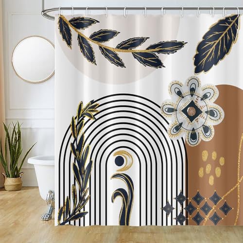 Uiiooazy Duschvorhang Abstrakt Boho, Duschvorhang Blau Gold Mitte des Jahrhunderts Duschvorhänge Anti Schimmel Wasserdicht Polyester Stoff Waschbar Bad Vorhang mit 12 Haken für Badezimmer 240Bx180Hcm von Uiiooazy