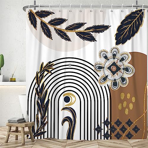 Uiiooazy Duschvorhang Blau Gold, Duschvorhang 180x200cm Boho Style Abstrakt Blumen Braun Geometrisch Muster Duschvorhänge Anti Schimmel Stoff Waschbar Wasserdicht Polyester Bad Vorhang mit 12 Haken von Uiiooazy
