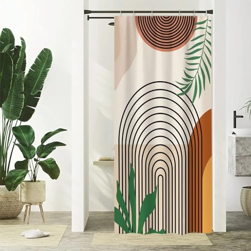 Uiiooazy Duschvorhang Abstrakt Boho, Duschvorhang Schmal 90x180cm Terracotta Geometrisches Muster Grüne Blätter Klein Duschvorhänge Anti Schimmel Stoff Waschbar Wasserdicht Bad Vorhang mit 6 Haken von Uiiooazy