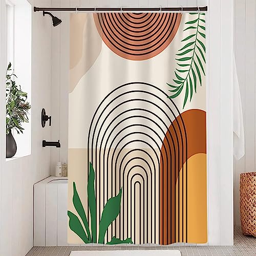 Uiiooazy Duschvorhang Abstrakt Boho, Duschvorhang 120x200cm Terracotta Geometrisches Muster Grüne Blätter Duschvorhänge Anti Schimmel Stoff Waschbar Wasserdicht Bad Vorhang mit 8 Haken für Badezimmer von Uiiooazy