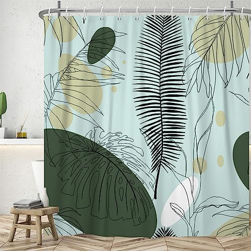 Uiiooazy Duschvorhang 180x220cm, Duschvorhang Grün Tropisch Abstrakt Palmenblätter Dschungel Duschvorhänge Anti Schimmel Stoff Waschbar Wasserdicht Polyester Bad Vorhang mit 12 Haken für Badezimmer von Uiiooazy
