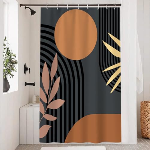 Uiiooazy Duschvorhang Abstrakt Boho, Duschvorhang Schwarz Streifen Orange Sonne Geometrisches Muster Duschvorhänge Anti Schimmel Wasserdicht Polyester Stoff Waschbar Bad Vorhang mit 8 Haken 120x180cm von Uiiooazy