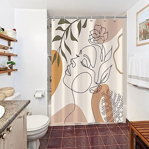 Uiiooazy Duschvorhang Boho, Duschvorhang 150x200cm Anti Schimmel Abstrakt Frau Gesichter Grüne Blätter Duschvorhänge Stoff Waschbar Wasserdicht Polyester Bad Vorhang mit 10 Haken für Badezimmer von Uiiooazy