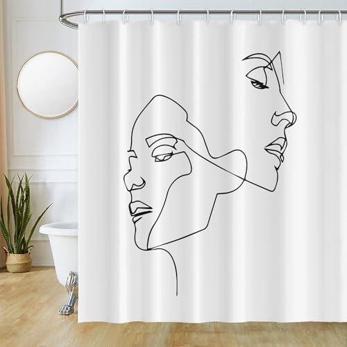 Uiiooazy Duschvorhang Abstrakt Gesicht, Minimalistisch Modernes Duschvorhang Mitte des Jahrhunderts, Anti Schimmel Wasserdicht Polyester Stoff Waschbar Bad Vorhang mit 12 Haken 180Bx220Hcm, Weiß von Uiiooazy