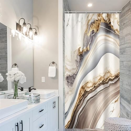 Uiiooazy Duschvorhang Schmal 90x180cm, Duschvorhang Anti Schimmel Grau Marmor Optik Braun Marmoriert Modern Duschvorhänge Stoff Waschbar Wasserdicht Polyester Bad Vorhang mit 6 Haken für Badezimmer von Uiiooazy