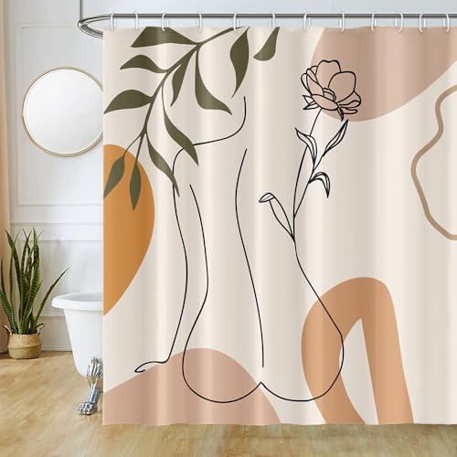 Uiiooazy Duschvorhang Boho, Duschvorhang 180x180cm Terracotta Abstrakt Frau Grüne Blätter Duschvorhänge Anti Schimmel Stoff Waschbar Wasserdicht Polyester Bad Vorhang mit 12 Haken für Badezimmer von Uiiooazy