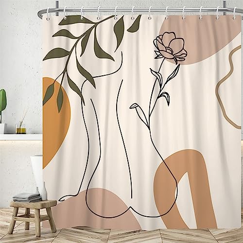 Uiiooazy Duschvorhang Boho, Duschvorhang 180x200cm Terracotta Abstrakt Frau Grüne Blätter Duschvorhänge Anti Schimmel Stoff Waschbar Wasserdicht Polyester Bad Vorhang mit 12 Haken für Badezimmer von Uiiooazy