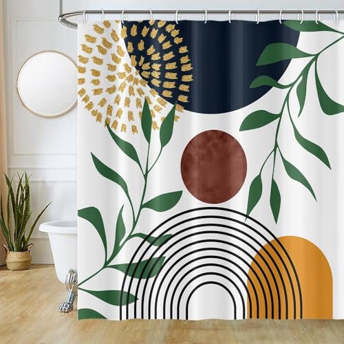 Uiiooazy Duschvorhang 240x180cm, Duschvorhang Grüne Blätter Abstrakt Blau Orange Geometrisches Muster Duschvorhänge Anti Schimmel Stoff Waschbar Wasserdicht Bad Vorhang mit 12 Haken für Badezimmer von Uiiooazy