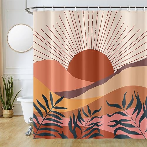 Duschvorhang Abstrakte Kunst, Uiiooazy Duschvorhang Mitte des Jahrhunderts Terracotta Wüste Moderne Minimalistisch Duschvorhäng Badewanne Antischimmel Wasserdicht Polyester Stoff Bad Vorhang 180x180cm von Uiiooazy