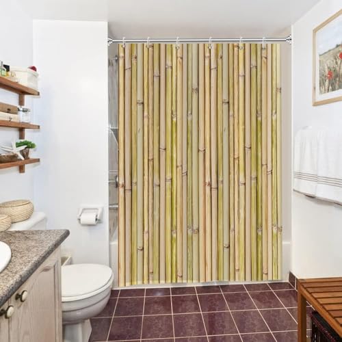 Uiiooazy Duschvorhang Bambus, Duschvorhang Holzoptik 150x200cm Anti Schimmel Bambus Motiv Pflanzen Vintage Duschvorhänge Wasserdicht Polyester Stoff Waschbar Bad Vorhang mit 10 Haken für Badezimmer von Uiiooazy