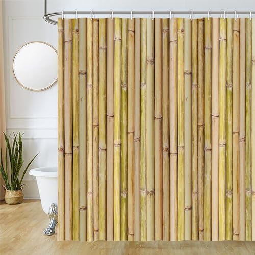 Uiiooazy Duschvorhang Bambus, Duschvorhang Holzoptik 180x220cm Anti Schimmel Bambus Motiv Pflanzen Vintage Duschvorhänge Wasserdicht Polyester Stoff Waschbar Bad Vorhang mit 12 Haken für Badezimmer von Uiiooazy