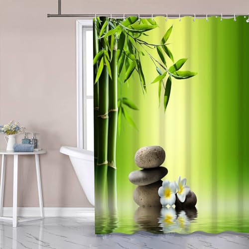 Uiiooazy Duschvorhang 240x180cm, Duschvorhang Anti Schimmel Salbeigrün Bambus Grüne Blätter Grau Steine Duschvorhänge Stoff Waschbar Wasserdicht Polyester Bad Vorhang mit 12 Haken für Badezimmer von Uiiooazy