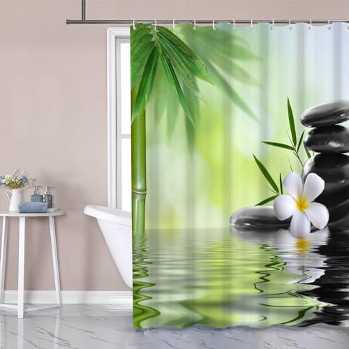 Uiiooazy Duschvorhang Bambus, Duschvorhang Zen Spa Grün Blätter Pebble Duschvorhäng Anti Schimmel Wasserdicht Polyester Stoff Blickdicht Waschbar Bad Vorhang mit 12 Haken für Badezimmer 180Bx220Hcm von Uiiooazy