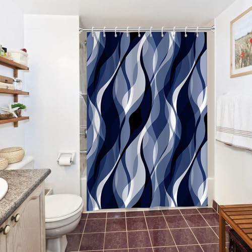Uiiooazy Duschvorhang Blau, Duschvorhang 150x180cm Blau Marine Streifen Schwarz Gemustert Duschvorhänge Anti Schimmel Wasserdicht Polyester Stoff Waschbar Bad Vorhang mit 10 Haken für Badezimmer von Uiiooazy