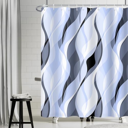 Uiiooazy Duschvorhang Blau, Duschvorhang 180x220cm Anti Schimmel Himmelblau Gradient Grau Streifen Gemustert Duschvorhänge Stoff Waschbar Wasserdicht Polyester Bad Vorhang mit 12 Haken für Badezimmer von Uiiooazy