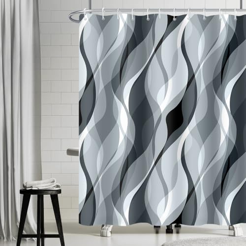 Uiiooazy Duschvorhang Blau, Duschvorhang 180x180cm Anti Schimmel Grau Gestreift Gradient Streifen Gemustert Duschvorhänge Stoff Waschbar Wasserdicht Polyester Bad Vorhang mit 12 Haken für Badezimmer von Uiiooazy