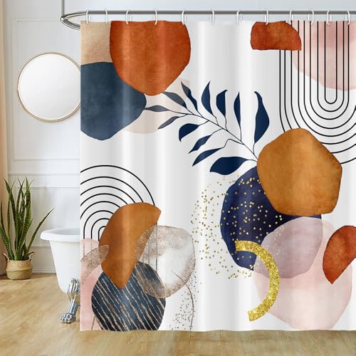 Uiiooazy Duschvorhang Boho Style, Duschvorhang 180x180cm Terracotta Abstrakt Blau Blätter Duschvorhänge Anti Schimmel Stoff Waschbar Wasserdicht Polyester Bad Vorhang mit 12 Haken für Badezimmer von Uiiooazy