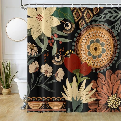 Uiiooazy Duschvorhang Boho Abstrakt, Duschvorhang Blumen Bunt Vintage Duschvorhänge Anti Schimmel Wasserdicht Polyester Stoff Waschbar Blickdicht Bad Vorhang mit 12 Haken für Badezimmer 180Bx180Hcm von Uiiooazy