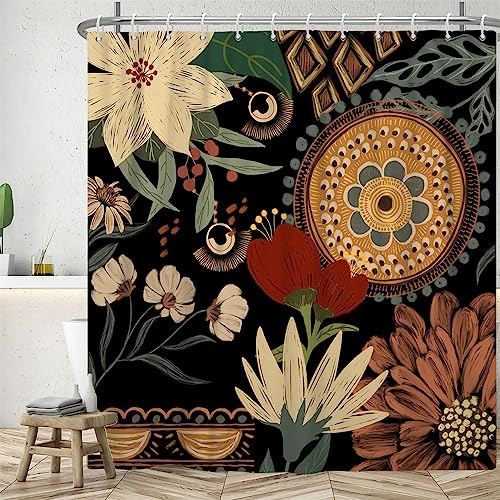 Uiiooazy Duschvorhang Boho Abstrakt, Duschvorhang Blumen Bunt Vintage Duschvorhänge Anti Schimmel Wasserdicht Polyester Stoff Waschbar Blickdicht Bad Vorhang mit 12 Haken für Badezimmer 180Bx200Hcm von Uiiooazy