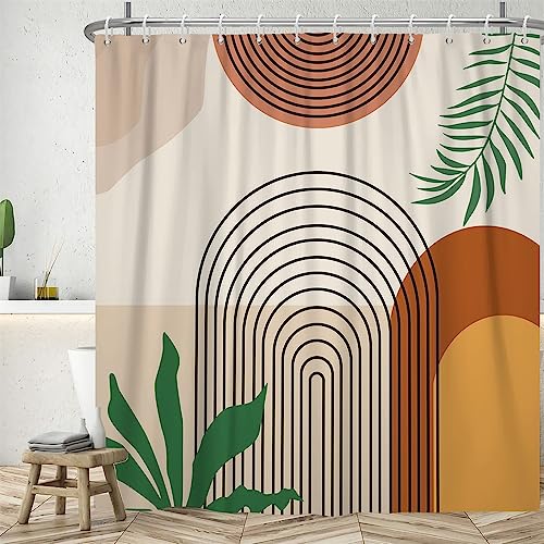 Duschvorhang Abstrakt Boho, Uiiooazy Duschvorhang 180x200cm Terracotta Geometrisches Muster Grüne Blätter Duschvorhänge Anti Schimmel Stoff Waschbar Wasserdicht Bad Vorhang mit 12 Haken für Badezimmer von Uiiooazy
