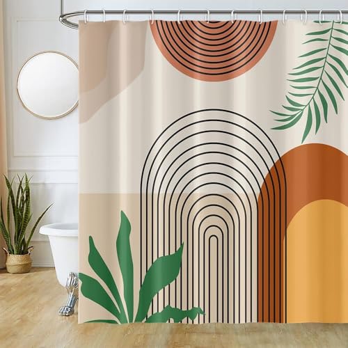 Duschvorhang Abstrakt Boho, Uiiooazy Duschvorhang 200x180cm Terracotta Geometrisches Muster Grüne Blätter Duschvorhänge Anti Schimmel Stoff Waschbar Wasserdicht Bad Vorhang mit 12 Haken für Badezimmer von Uiiooazy
