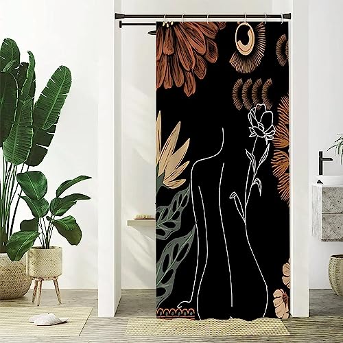 Uiiooazy Duschvorhang Boho Schwarz, Duschvorhang Abstrakt Frau Blumen Blätter Minimalistisch Schmal Duschvorhäng Anti Schimmel Wasserdicht Polyester Stoff Waschbar Bad Vorhang mit 6 Haken 90Bx180Hcm von Uiiooazy