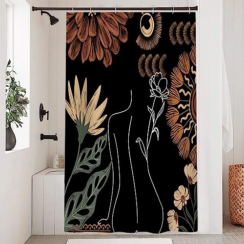 Uiiooazy Duschvorhang Schwarz, Duschvorhang 120x180cm Abstrakt Blumen Boho Style Grüne Blätter Duschvorhänge Anti Schimmel Stoff Waschbar Wasserdicht Polyester Bad Vorhang mit 8 Haken für Badezimmer von Uiiooazy