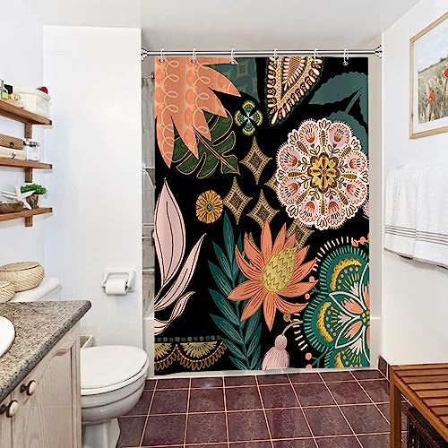 Uiiooazy Duschvorhang 150x200cm, Duschvorhang Boho Style Tropisch Blumen Grüne Blätter Duschvorhänge Anti Schimmel Stoff Waschbar Wasserdicht Polyester Bad Vorhang mit 10 Haken für Badezimmer von Uiiooazy