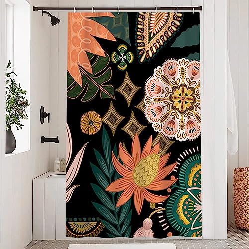 Uiiooazy Duschvorhang 120x180cm, Duschvorhang Boho Style Tropisch Blumen Grüne Blätter Duschvorhänge Anti Schimmel Stoff Waschbar Wasserdicht Polyester Bad Vorhang mit 8 Haken für Badezimmer von Uiiooazy