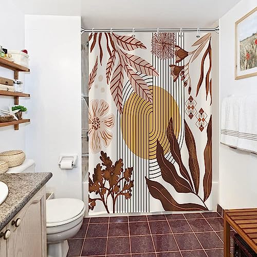 Uiiooazy Duschvorhang Boho Style, Duschvorhang 150x200cm Rosa Abstrakt Blumen Gelb Sonne Duschvorhänge Anti Schimmel Stoff Waschbar Wasserdicht Polyester Bad Vorhang mit 10 Haken für Badezimmer von Uiiooazy