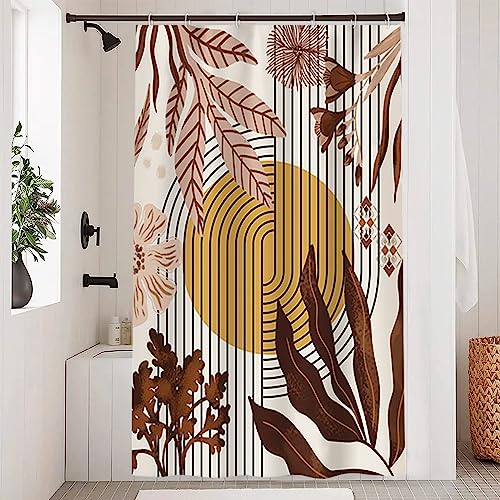 Uiiooazy Duschvorhang Boho Style, Duschvorhang 120x180cm Rosa Abstrakt Blumen Gelb Sonne Duschvorhänge Anti Schimmel Stoff Waschbar Wasserdicht Polyester Bad Vorhang mit 8 Haken für Badezimmer von Uiiooazy