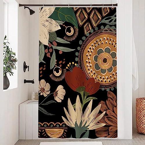 Uiiooazy Duschvorhang Boho Style, Duschvorhang Abstrakt Blumen Vintage Grün Blätter Schmal Duschvorhäng Anti Schimmel Wasserdicht Polyester Stoff Waschbar Blickdicht Bad Vorhang mit Haken 120Bx200Hcm von Uiiooazy