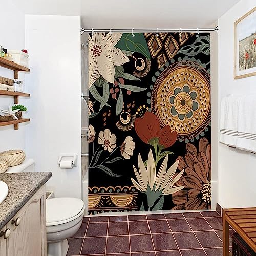 Uiiooazy Duschvorhang Boho Style, Duschvorhang Abstrakt Blumen Vintage Grün Blätter Schmal Duschvorhäng Anti Schimmel Wasserdicht Polyester Stoff Waschbar Blickdicht Bad Vorhang mit Haken 150Bx200Hcm von Uiiooazy