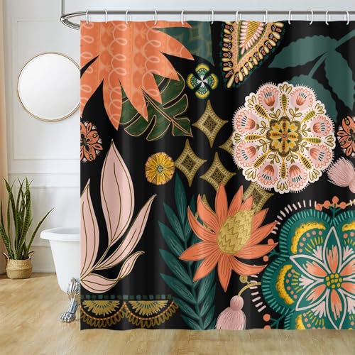 Uiiooazy Duschvorhang 200x180cm, Duschvorhang Boho Style Tropisch Blumen Grüne Blätter Duschvorhänge Anti Schimmel Stoff Waschbar Wasserdicht Polyester Bad Vorhang mit 12 Haken für Badezimmer von Uiiooazy