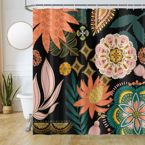 Uiiooazy Duschvorhang Boho Style, Duschvorhang Blumen Rosa Grün Blätter Duschvorhänge Anti Schimmel Wasserdicht Polyester Stoff Waschbar Blickdicht Bad Vorhang mit 12 Haken für Badezimmer 180Bx180Hcm von Uiiooazy